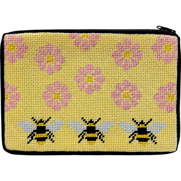 Stitch & Zip Needlepoint Cosmetic Purse Flowers & Bees
