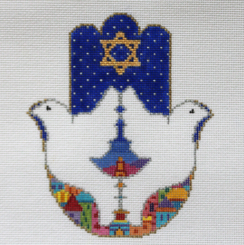 Hamsa Needlepoint Doves over Jerusalem