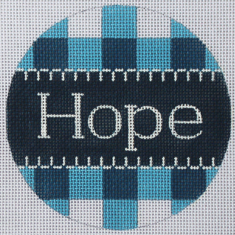 HOPE in gingham blue needlepoint ornament