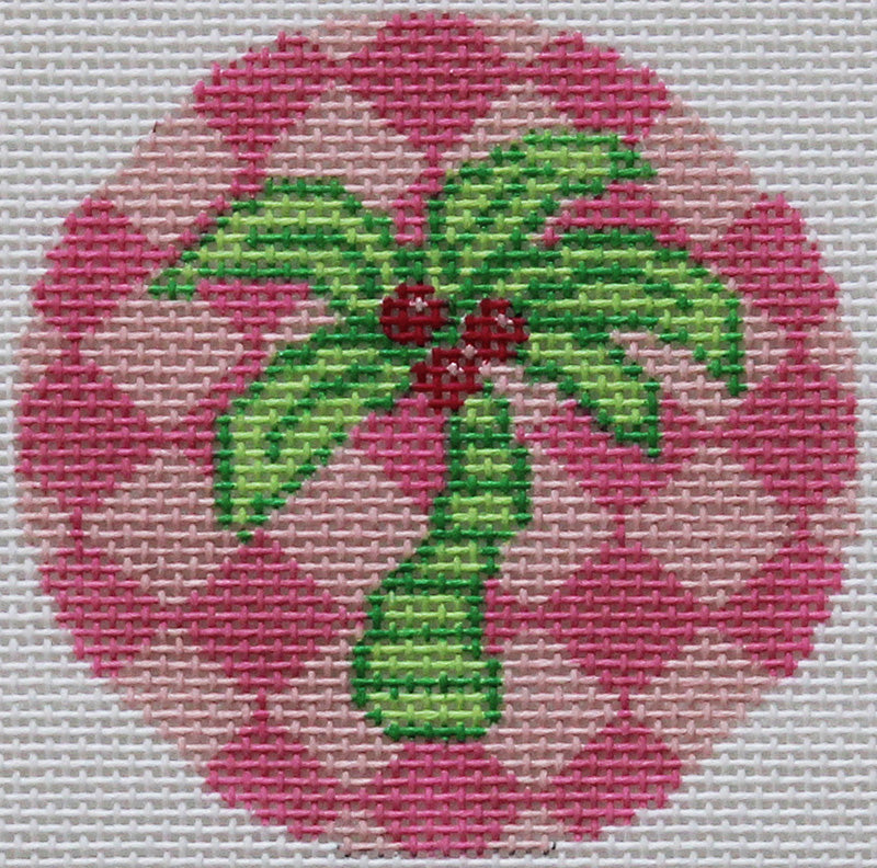 Palm Tree in Pink Checks Needlepoint Ornament