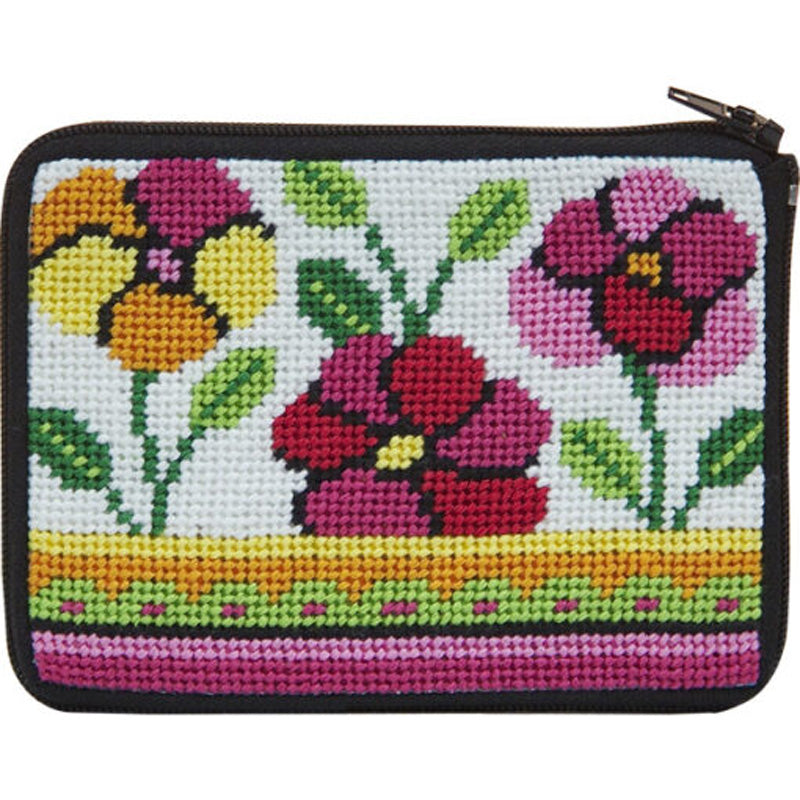 Stitch & Zip Needlepoint Coin Purse Pink & Orange Poppies