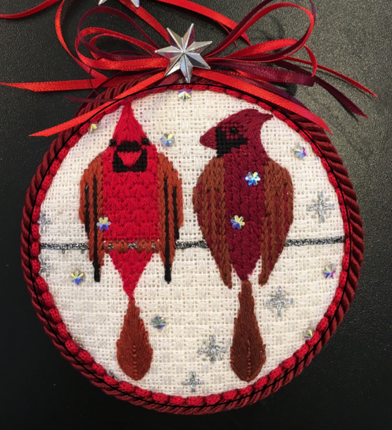 Whimsical Cardinals Needlepoint Ornament