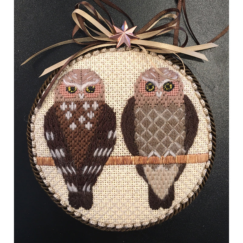 Whimsical Elf Owls Needlepoint Ornament