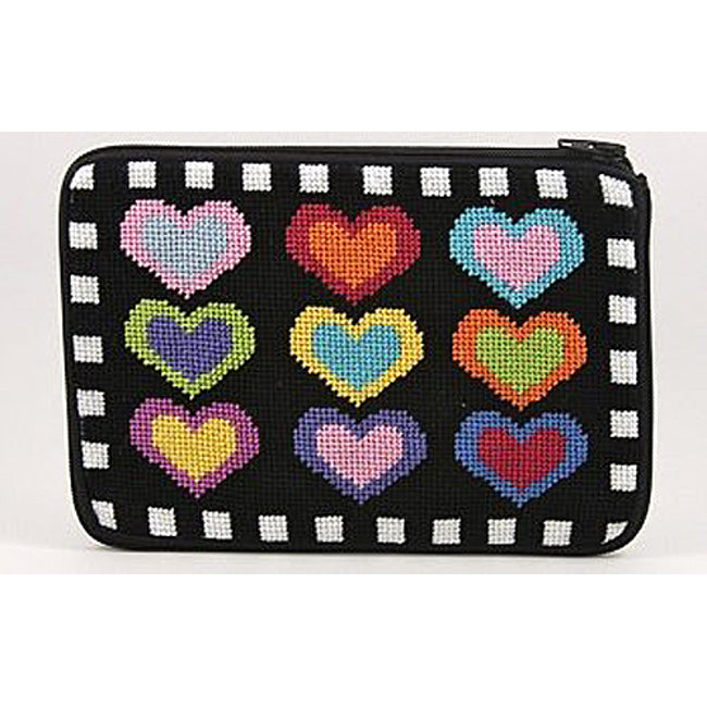 Stitch & Zip Needlepoint Cosmetic Purse Hearts on black