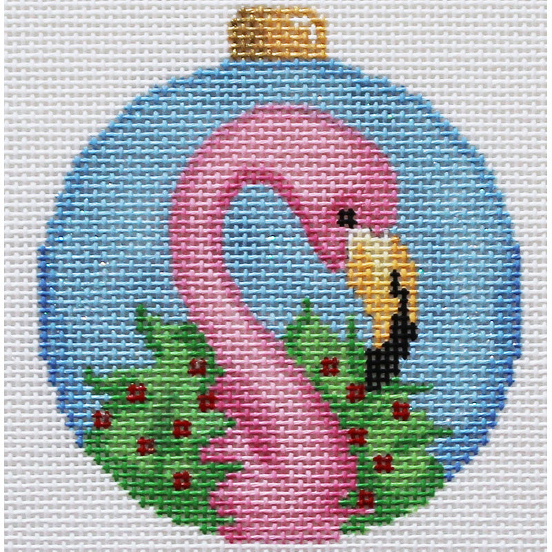 Single Flamingo with Wreath Needlepoint  Ornament