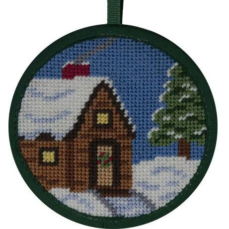 cabin in snow needlepoint christmas ornament by Stitch ups