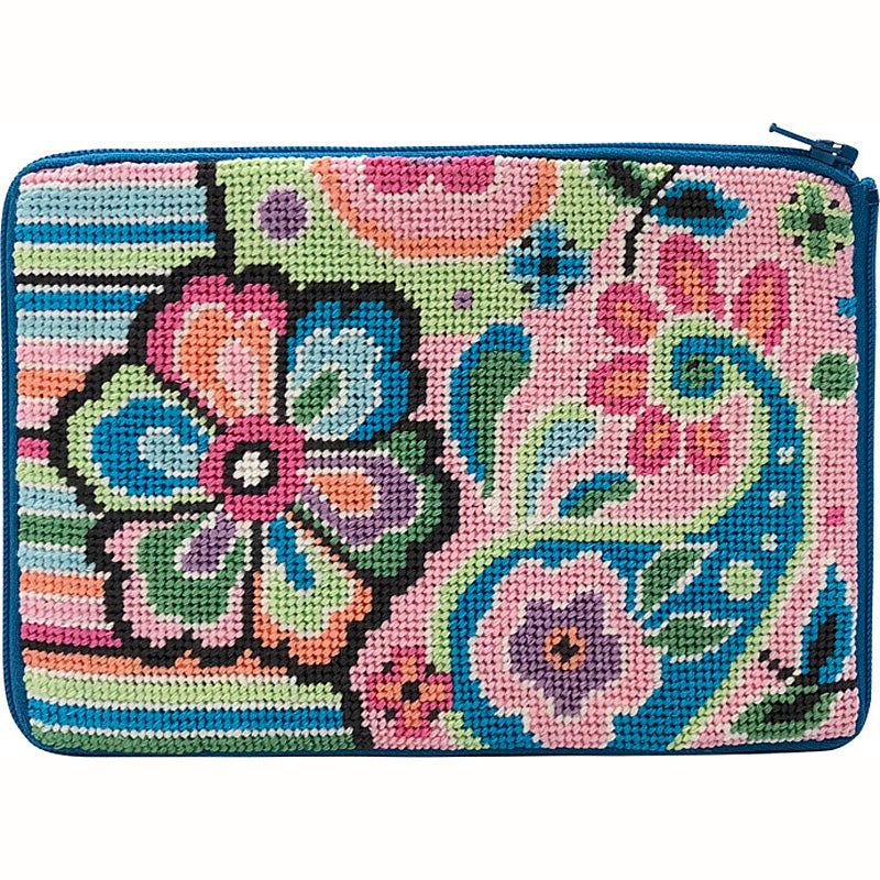 Stitch & Zip Needlepoint Cosmetic Purse Pastel floral paisley