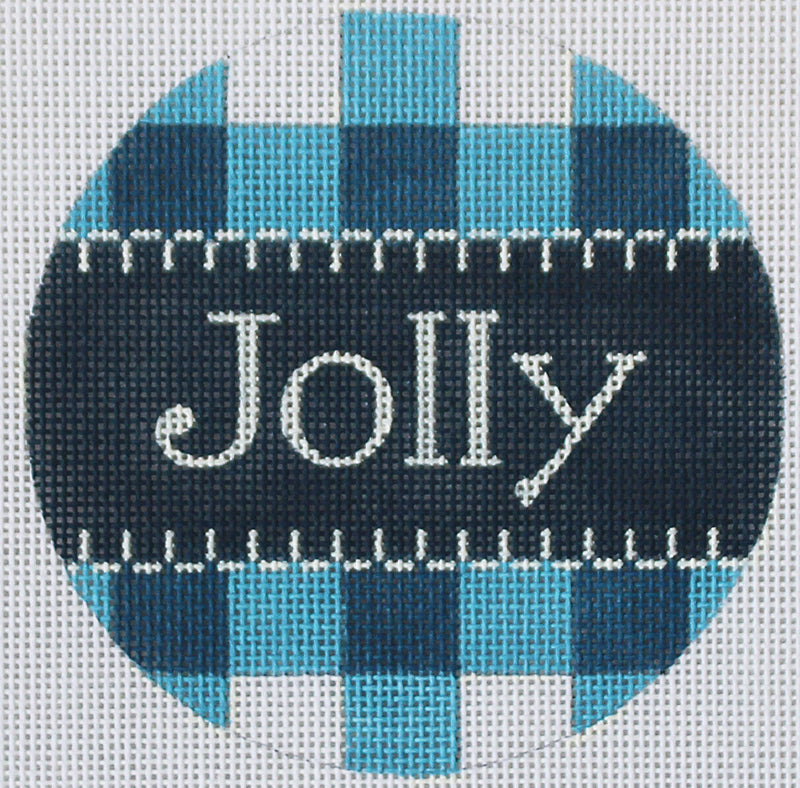 JOLLY in gingham blue needlepoint ornament