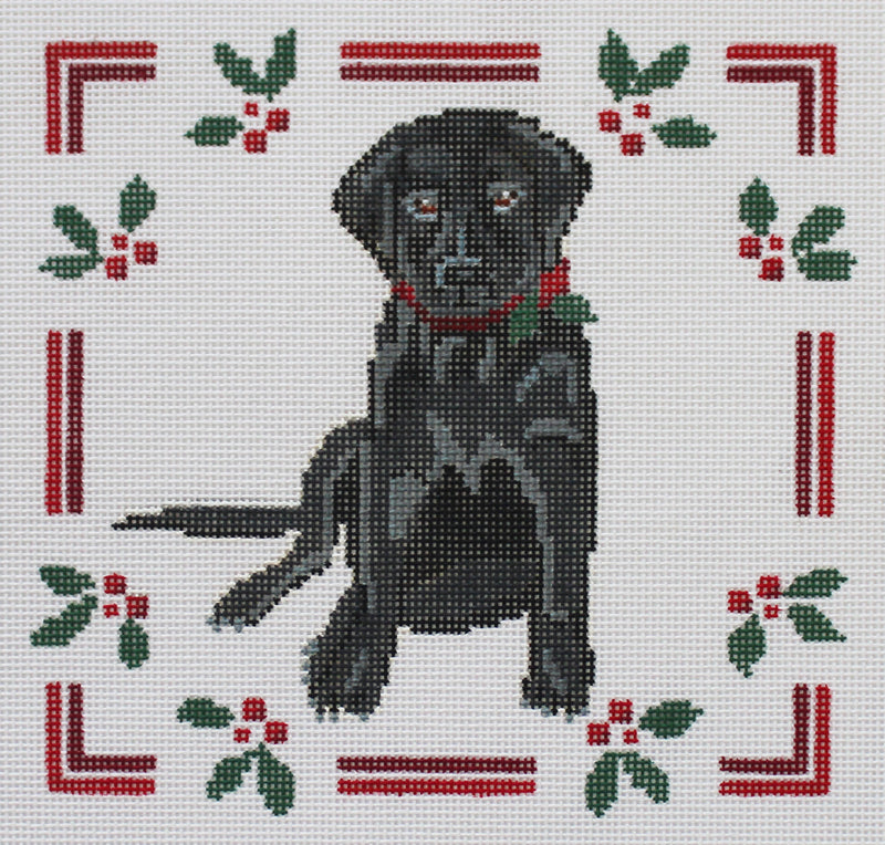 Black Labrador with Holly Needlepoint