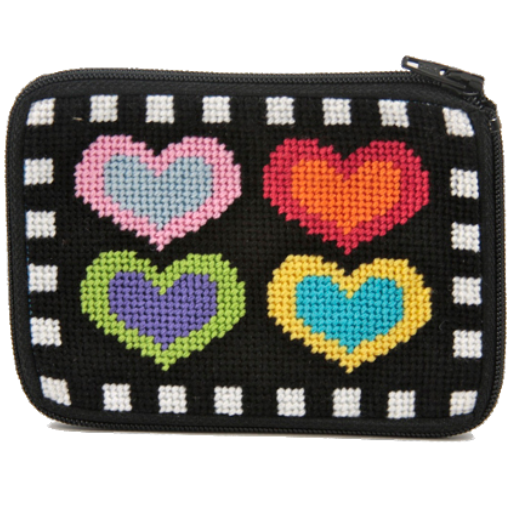 hearts on black stitch and zip needlepoint coin purse
