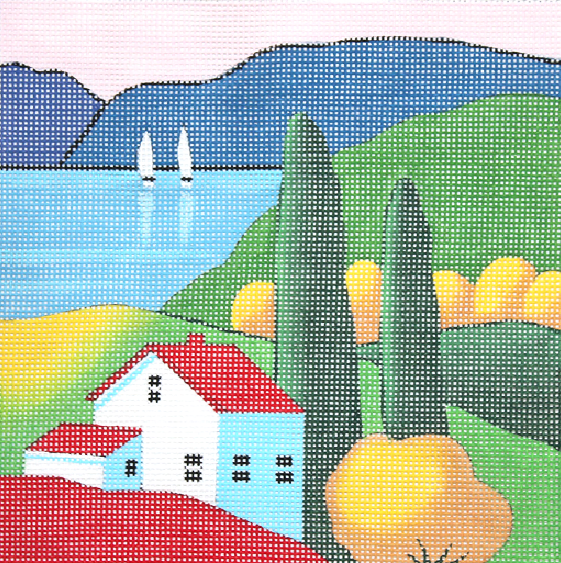 House by the Lake needlepoint canvas design by Steven Klein