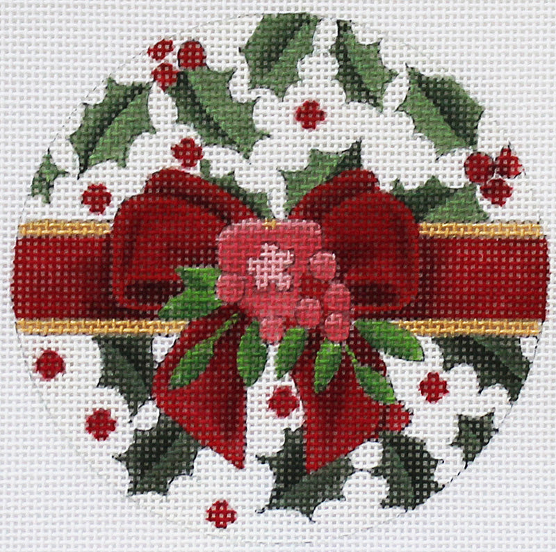 Holly with Christmas bow needlepoint ornament