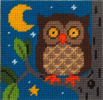 A beginner needlepoint kit of an owl which is suitable for kids and adults  learning how to needlepoint. The design is color-printed onto 10 mesh  canvas and measures 4 x 4. The