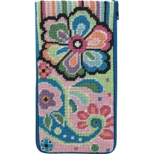 pastel florals stitch and zip needlepoint eyeglass case