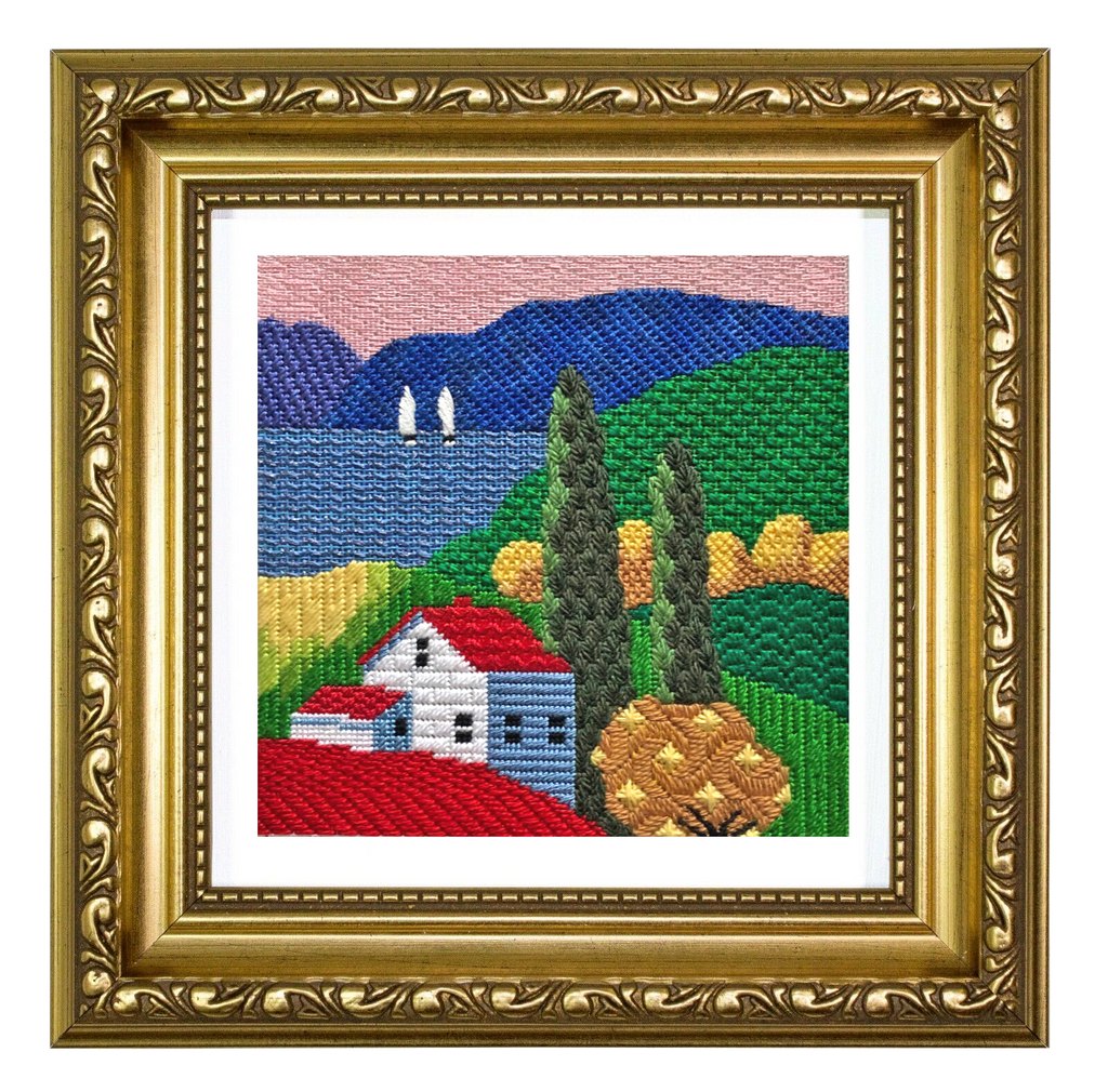 House by the Lake needlepoint canvas design by Steven Klein