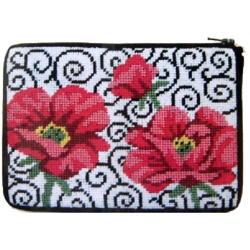 poppy on scrolls needlepoint purse kit by stitch and zip