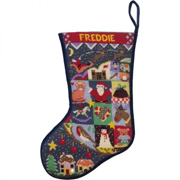 Silent Night colorful and contemporary needlepoint Christmas stocking kit  by Jolly Red. – Needlepoint For Fun