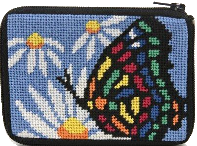 Butterfly and Daisy Stitch and Zip needlepoint kit coin purse