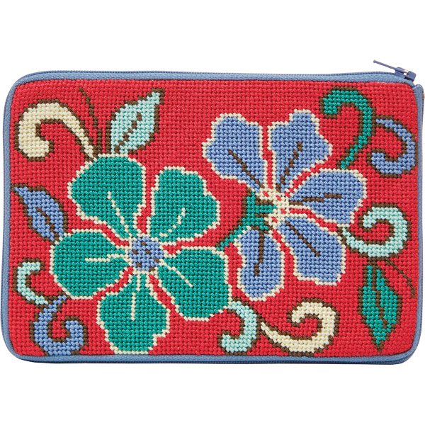 Stitch &amp; Zip Needlepoint Purse Red Asian Floral