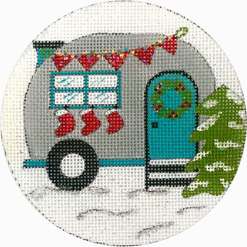 Travel Trailer and Stockings needlepoint ornament by Alice Peterson